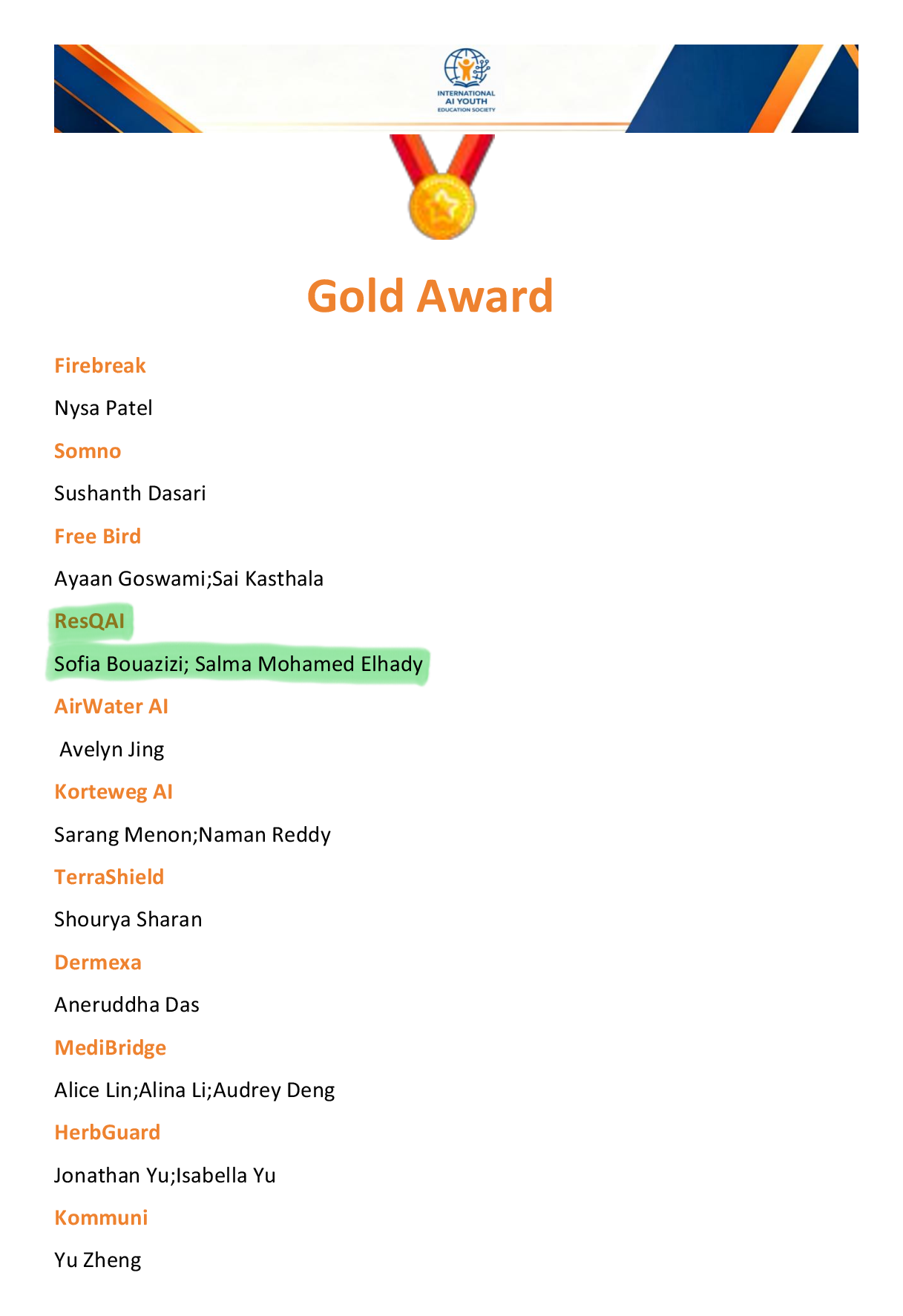 AIYES International Youth AI Competition 2026 (Fall) Gold Award list, with ResQ AI by Sofia Bouazizi and Salma Mohamed Elhady highlighted