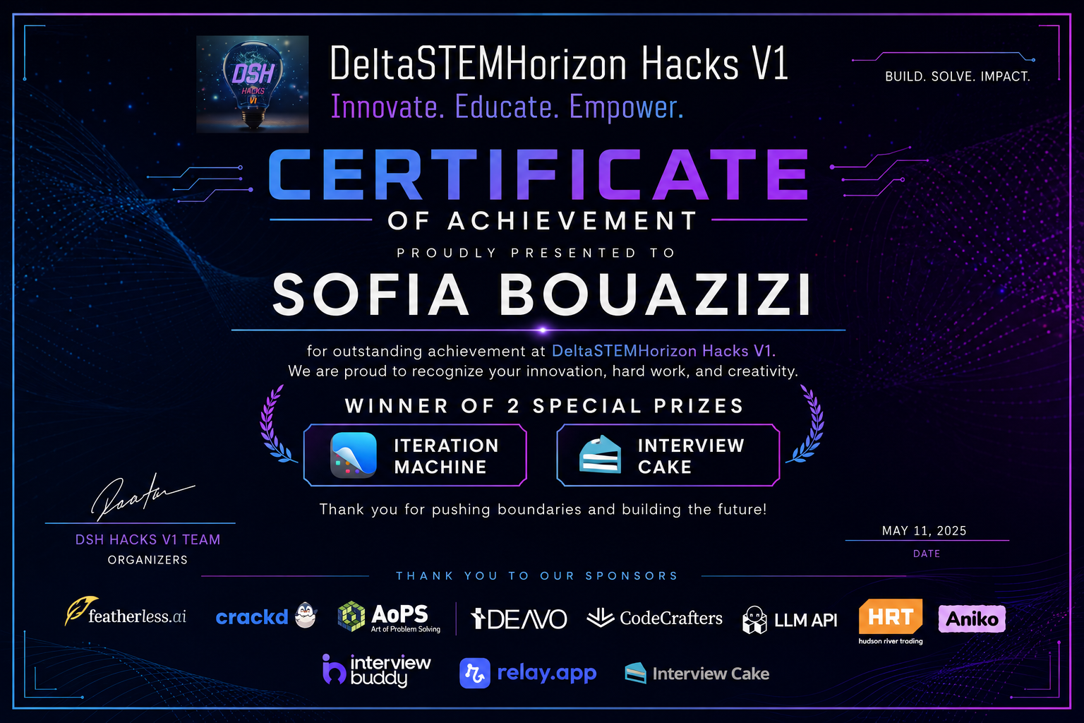 DeltaSTEMHorizon Hacks V1 Certificate of Achievement — Winner of 2 Special Prizes, awarded to Sofia Bouazizi