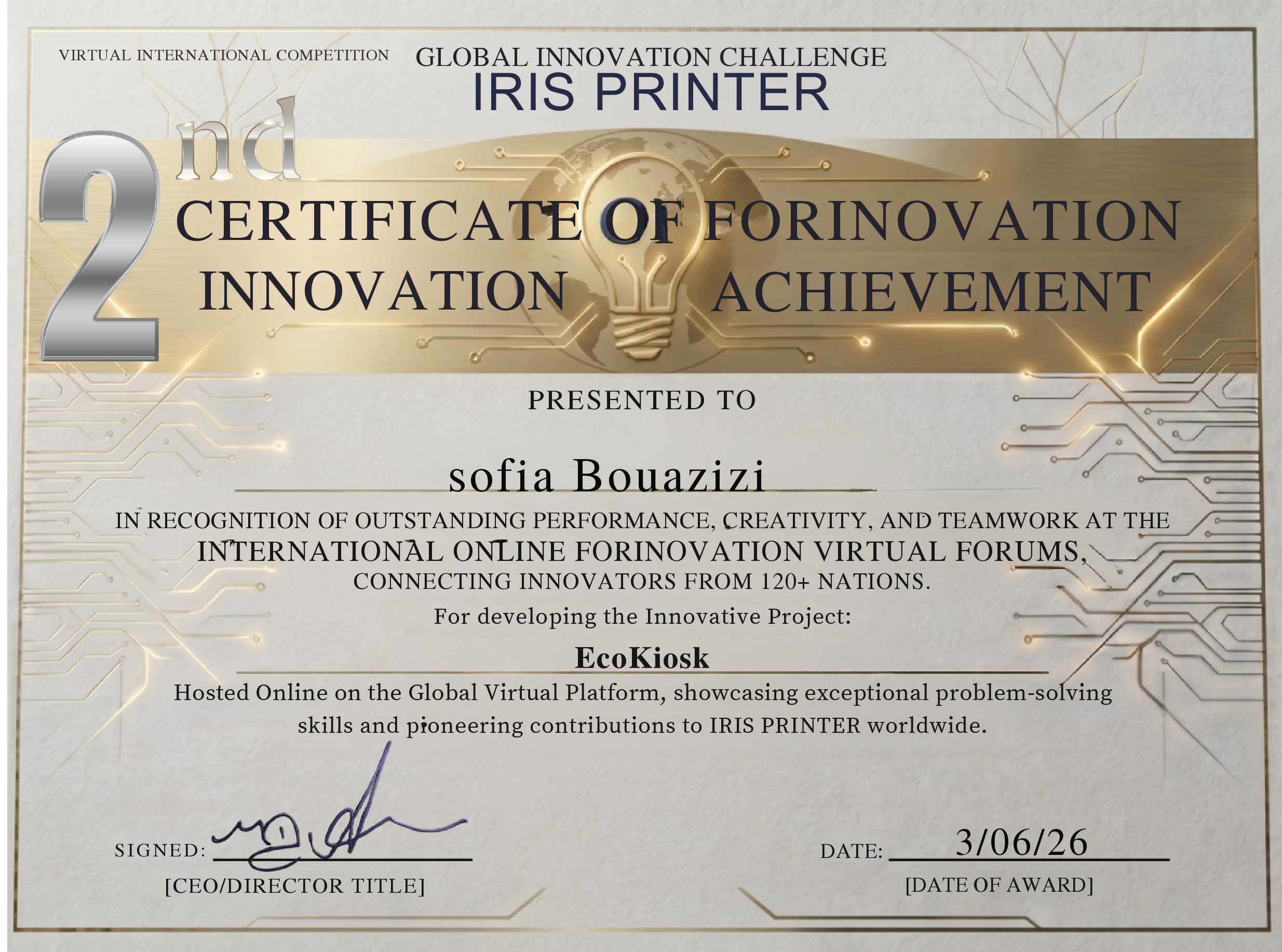 Global Innovation Challenge Certificate — 2nd place Innovation Achievement for EcoKiosk