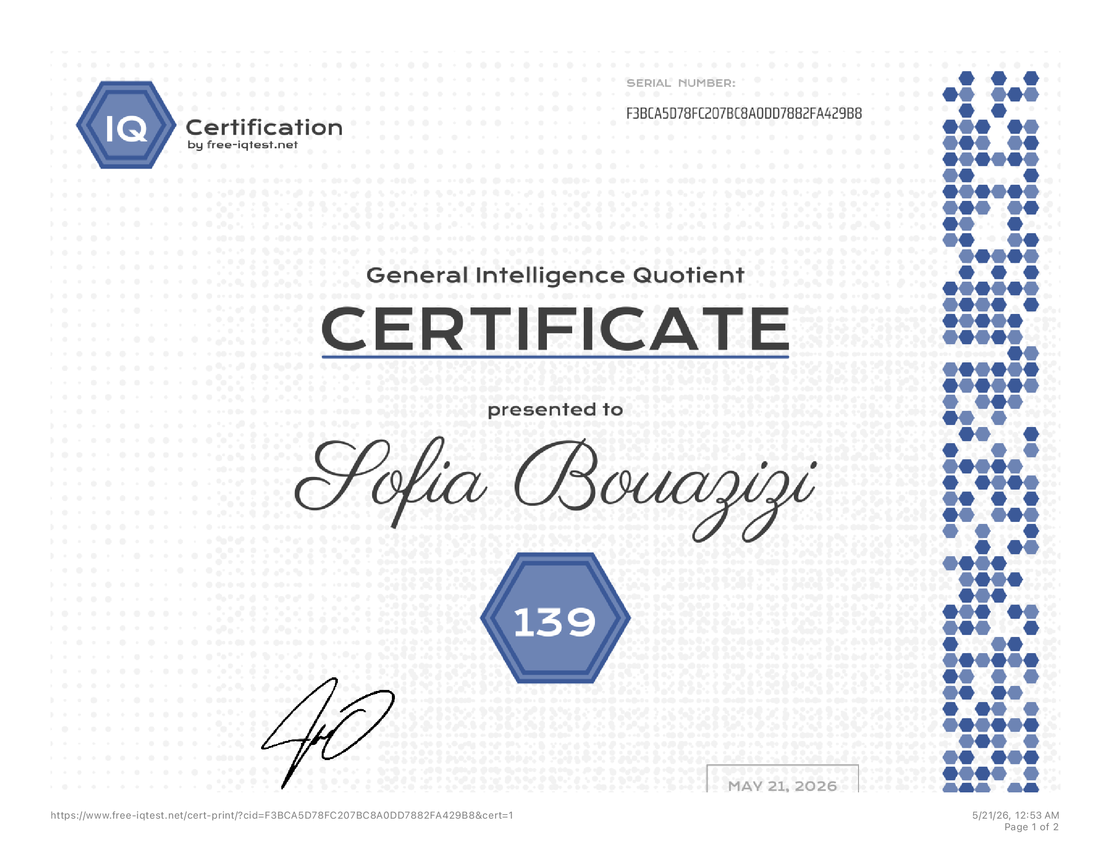 General Intelligence Quotient Certification — score 139, awarded to Sofia Bouazizi