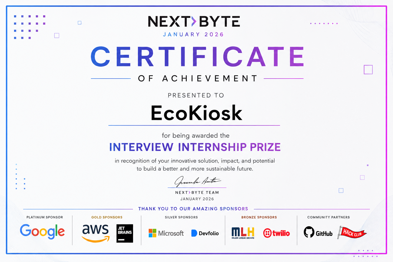 NextByte Certificate of Achievement — Interview Internship Prize awarded to EcoKiosk