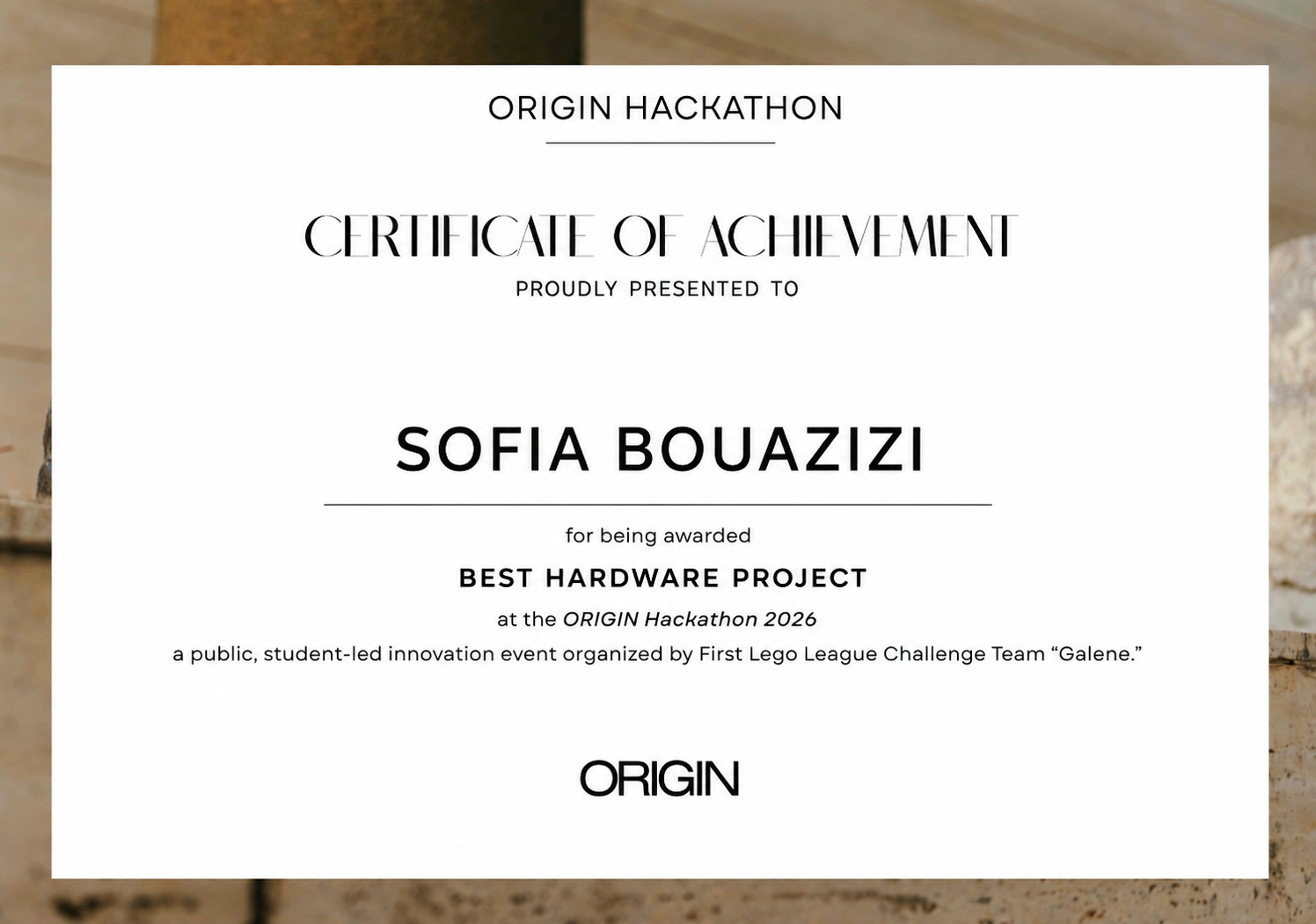 ORIGIN Hackathon Certificate of Achievement — Best Hardware Project, awarded to Sofia Bouazizi