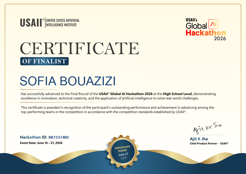 USAII Global AI Hackathon 2026 Certificate of Finalist, awarded to Sofia Bouazizi